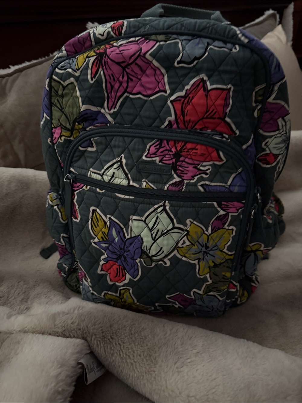 Vera Bradley Quilted Floral Backpack in Gray with Pink, Red, Purple Accents